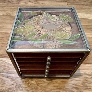 Stained Glass Bird Floral  Wood & Cork Coaster Set of 6 with Wooden Box Art Deco